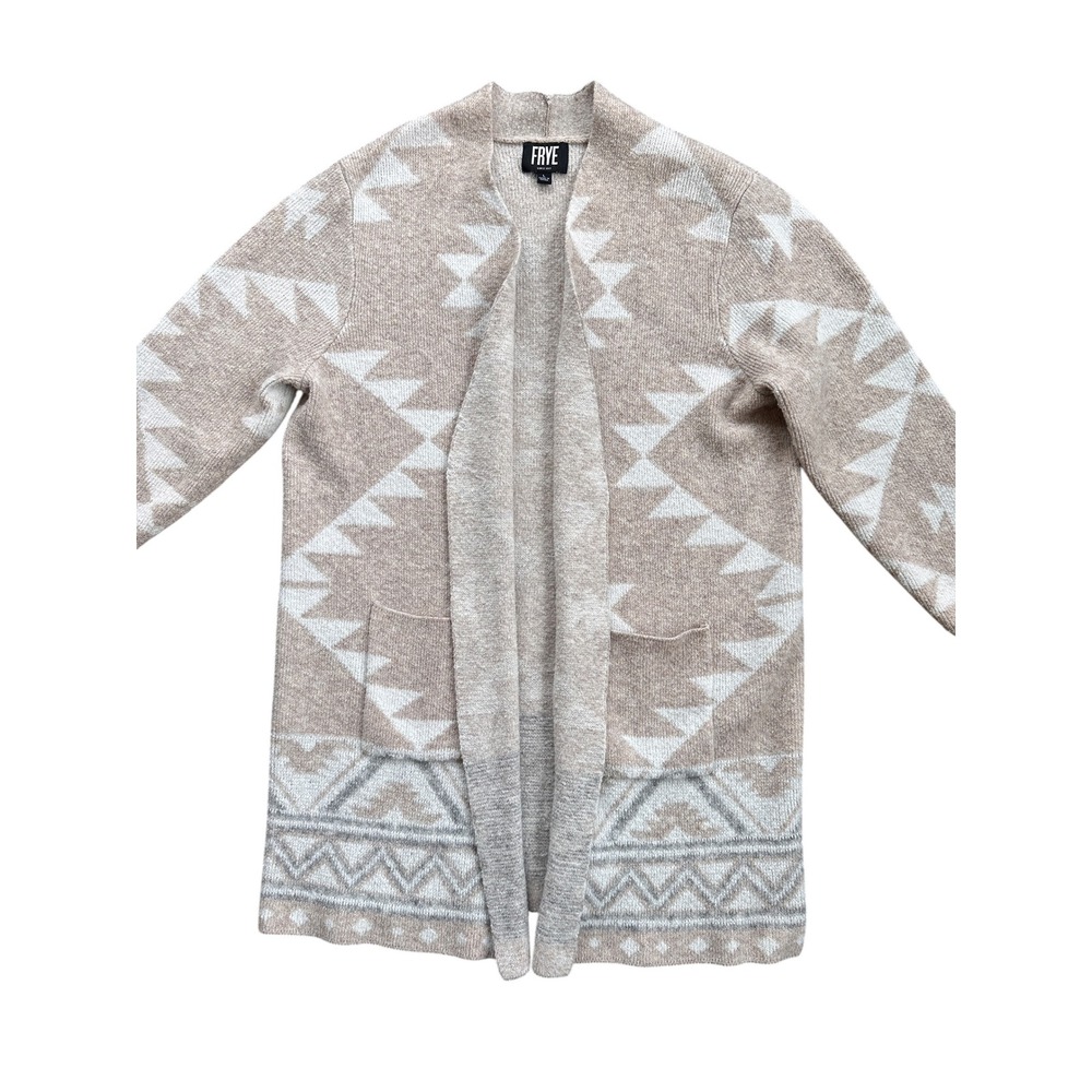 Frye Cardigan Sweater Womens Large Oatmeal Geometric Southwestern Open Excellent